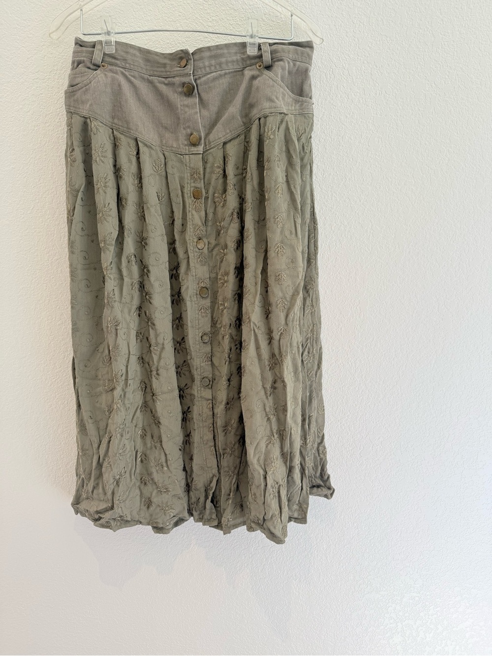 VTG Together Olive Green Button-Front Embroidered Maxi Skirt